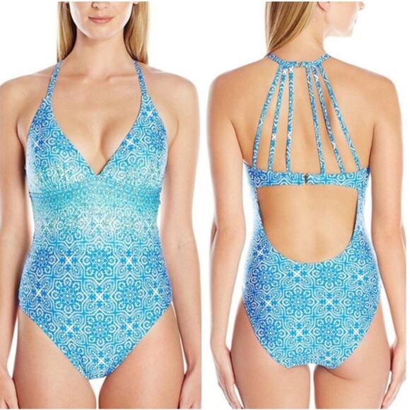 La Blanca Tile We Meet Again Blue Strappy Back One-Piece, sz 10 - Picture 1 of 9